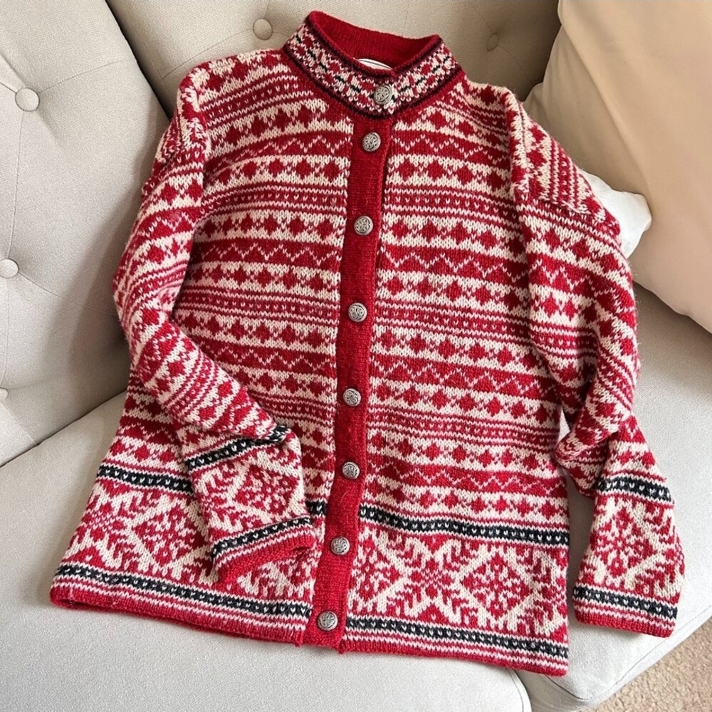 L.L. Bean Festive Red and White Knit Cardigan